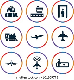 passenger icons set. Set of 9 passenger filled icons such as plane, luggage belt, metal gate detector, escalator, airport