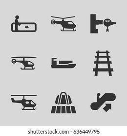 Passenger icons set. set of 9 passenger filled icons such as luggage belt, escalator, escalator up, jetway, helicopter, railway