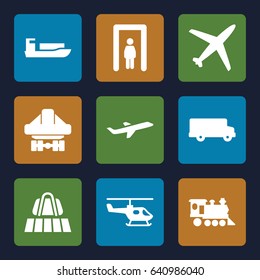 Passenger icons set. set of 9 passenger filled icons such as luggage belt, metal gate detector, locomotive, cargo plane back view, plane, helicopter, bus