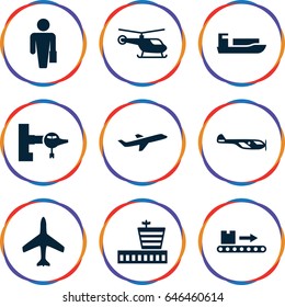 Passenger icons set. set of 9 passenger filled icons such as plane, jetway, helicopter, airport, luggage scan, ship