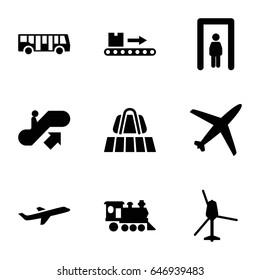 Passenger icons set. set of 9 passenger filled icons such as luggage belt, airport bus, metal gate detector, escalator up, locomotive, luggage scan, plane