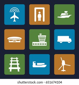 Passenger icons set. set of 9 passenger filled icons such as plane, metal gate detector, airport, railway, ship, helicopter