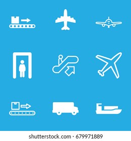 Passenger icons set. set of 9 passenger filled and outline icons such as metal gate detector, plane, luggage scan, escalator up, bus