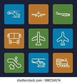 passenger icons set. Set of 9 passenger outline icons such as plane, airport bus, escalator down, helicopter