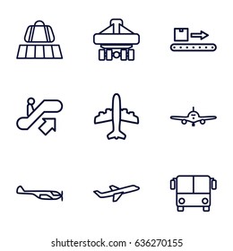Passenger icons set. set of 9 passenger outline icons such as luggage belt, airport bus, escalator up, plane, helicopter, cargo plane back view