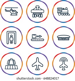 Passenger icons set. set of 9 passenger outline icons such as plane, luggage belt, metal gate detector, airport, locomotive, cargo plane back view, luggage scan