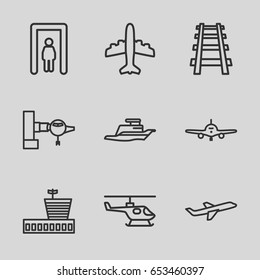 Passenger icons set. set of 9 passenger outline icons such as metal gate detector, jetway, plane, airport, railway, ship