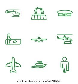 Passenger icons set. set of 9 passenger outline icons such as luggage belt, escalator, plane, airport, ship, helicopter