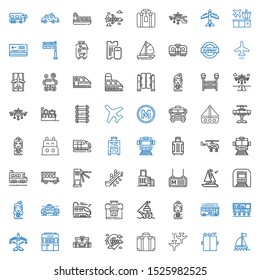 passenger icons set. Collection of passenger with boat, elevator, plane, suitcase, airplane, train, airport, bus, stewardess, ship, taxi. Editable and scalable passenger icons.