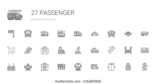 passenger icons set. Collection of passenger with elevator, bus, subway, airport, suitcase, airplane, metro, plane, taxi, boat, escalator. Editable and scalable passenger icons.