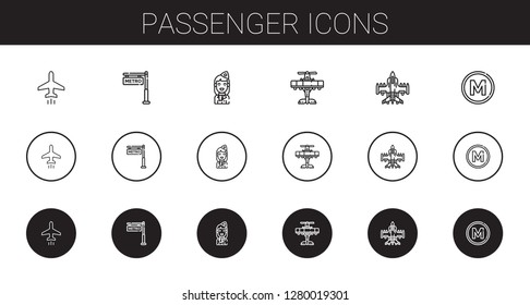 passenger icons set. Collection of passenger with plane, metro, stewardess, airplane. Editable and scalable passenger icons.