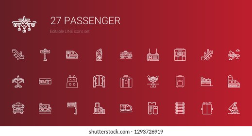 passenger icons set. Collection of passenger with rail, boarding pass, train, suitcase, metro, school bus, runway, turnstiles, boat, airplane. Editable and scalable passenger icons.