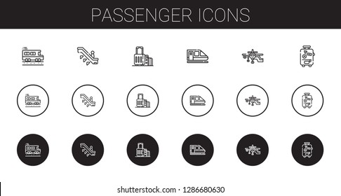 passenger icons set. Collection of passenger with school bus, escalator, suitcase, train, airplane. Editable and scalable passenger icons.