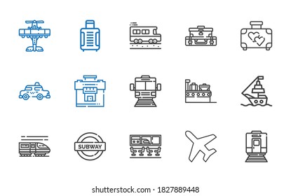 conjunto de iconos de pasajeros. Recogida de pasajeros con tren, avión, aeropuerto, metro, barco, maleta, taxi, autobús escolar, avión. Iconos de pasajeros editables y escalables.