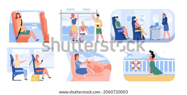 Passenger inside, train, bus, subway, plane,\
car or cruise ship set. People using public city and touristic\
transport flat vector\
illustration