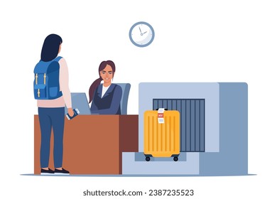 Passenger at international airport check in desk counter gate with weighting luggage belt, security check point, metal detector, x-ray scanner. Passenger and baggage check-in. Vector illustration