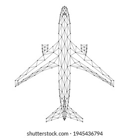 Passenger jet aircraft, top view, from abstract futuristic polygonal black lines and dots. Vector illustration.