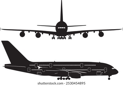 Passenger Jetliner. Detailed vector silhouette with windows and cockpit of passenger jet. Isolated with clipping path