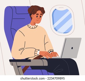 Passenger with laptop, sitting in airplane chair. Tourist with computer on knees during air flight, business travel. Businessman works at PC in plane, aircraft onboard. Flat vector illustration