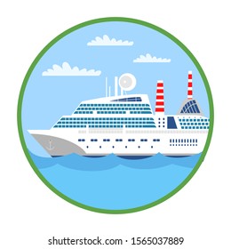 Passenger liner flat vector illustration. Water carriage, transport type. Seascape in green circle frame isolated on white background. Multi-tiered ship. Cruise, voyage, tourist trip concept