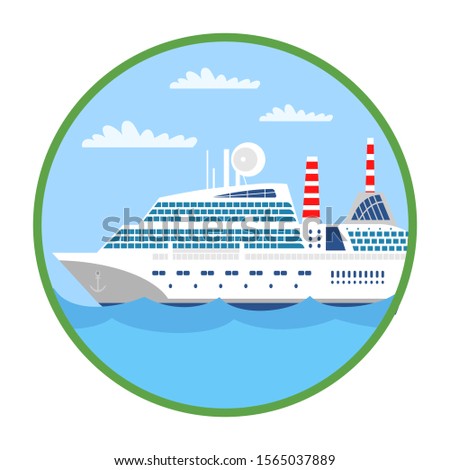 Passenger liner flat vector illustration. Water carriage, transport type. Seascape in green circle frame isolated on white background. Multi-tiered ship. Cruise, voyage, tourist trip concept