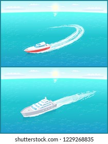 Passenger liner transportation sailboats on skyline, speedboat vector icon. Steamboat marine transport vessel sailing in sea or ocean leaving traces in water