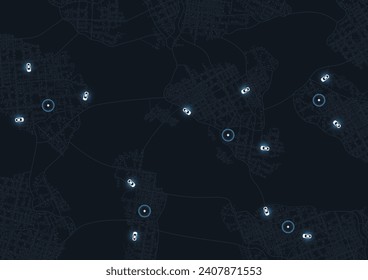 Distribución de la ubicación del pasajero para el taxista. Recoge un taxi. Navegación de mapas Gps. Vista detallada de la ciudad o mapa horizontal. Vista superior de la ciudad. Navegación en línea. Ilustración vectorial editable