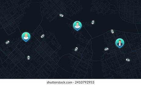 Passenger location sharing for taxi driver. Pick up taxi. Gps map navigation. Detailed view of city or horizontal map. City top view. Online navigation. Editable vector illustration