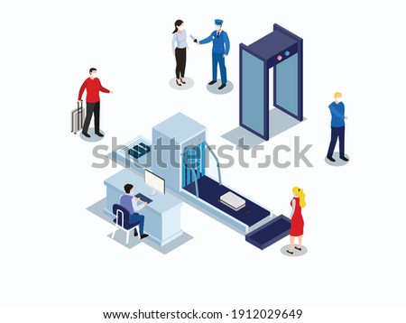 Passenger with luggage at airport security checkpoint gate in airport. Isometric vector concept