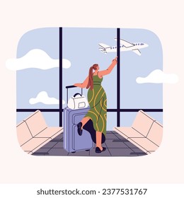 Passenger with luggage, suitcase waiting plane takeoff in airport. Woman pointing on airplane outside window. Tourist looking on aircraft landing. Holiday travel. Flat isolated vector illustration