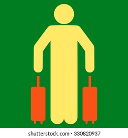 Passenger Luggage vector icon. Style is flat bicolor orange and yellow symbol, rounded angles, green background.
