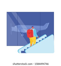 Passenger Male Character with Backpack Going Up by Moving Staircase in Airport Hall Departure Terminal Interior. Young Tourist on Escalator Wait Airplane Registration. Cartoon Flat Vector Illustration