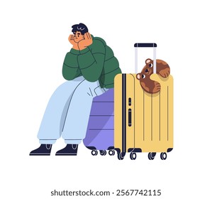 Passenger, male tourist sitting on suitcase and waiting for flight. Man with travel bags, baggage, luggage, ready for the vacation journey. Flat vector illustration isolated on white background