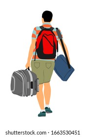 Fluggast mit Rucksack zu Fuß zum Flughafen Vektorillustration Illustration. Reisende Junge mit Gepäck gehen nach Hause Handgepäck. Tourist mit schweren Ladung Ladung in Taschen warten Taxi zu Urlaub. Grenzüberschreitende Flüchtlingswanderung
