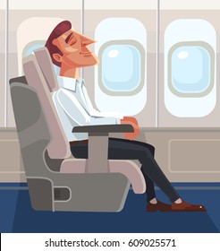 Passenger man character sitting in chair and relax in business class. Vector flat cartoon illustration