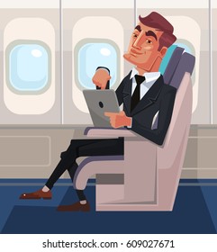 Passenger man character sitting in chair and relax in business class using tablet. Vector flat cartoon illustration