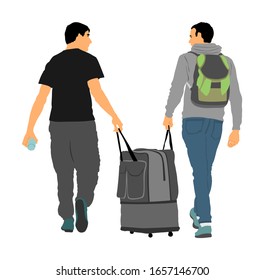 Passenger man with rolling suitcase walking to airport vector isolated. Traveler boys with backpack carry baggage. Tourists with bag. Luggage cargo load. Collage boys travel over border, holiday trip.