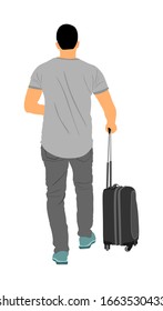 Passenger man with rolling suitcase walking to airport vector isolated. Traveler boy with luggage go home carry baggage. Tourist with bag cargo load wait taxi. Collage boy travel over border, holiday.
