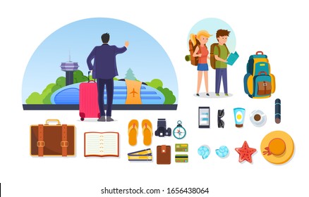 Passenger man waiting in airport with luggage, suitcases. Group of tourists with their accessories, backpack, camera, suitcase, compass, credit card, glasses. Travel, trip, journey vector