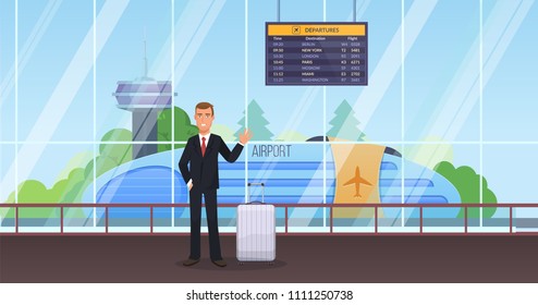 Passenger man waiting for public transport. Girl with luggage at station in waiting room, lobby. Airplane, airport, room airport station. Travel, trip, journey. Vector illustration.