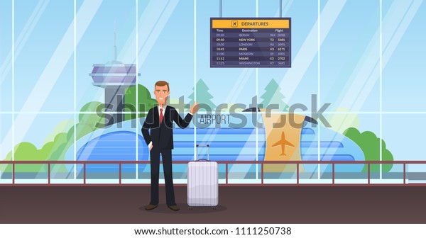 Passenger man\
waiting for public transport. Girl with luggage at station in\
waiting room, lobby. Airplane, airport, room airport station.\
Travel, trip, journey. Vector\
illustration.