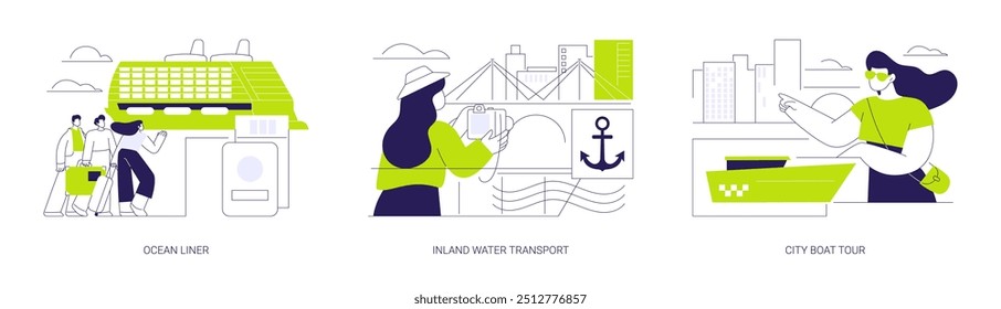 Passenger marine transportation abstract concept vector illustration set. Ocean liner, inland commercial water transport, city river boat tour, boarding a ship, city harbor abstract metaphor.