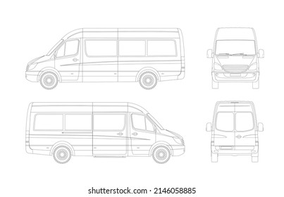 Passenger minibus vector sketch set, front, back, right, left view. Urban transport. Flat vector illustration.