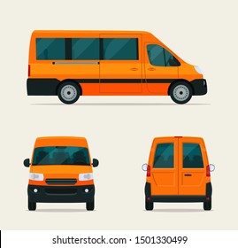 Passenger minivan isolated. Van with side view, back view and front view. Vector flat style illustration.