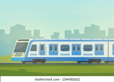 Passenger modern electric high-speed train with city landscape. Railway transport. Travel by train. Vector flat illustation.