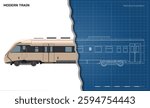 Passenger modern train. Side view of 3d locomotive model. Rail transport outline blueprint. Brown express isolated drawing. Vector illustration