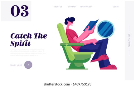 Passenger on Plane Board Website Landing Page. Tourist Traveling by Airplane Sitting in Comfortable Seat Reading Book. Airline Transportation Service Web Page Banner. Cartoon Flat Vector Illustration