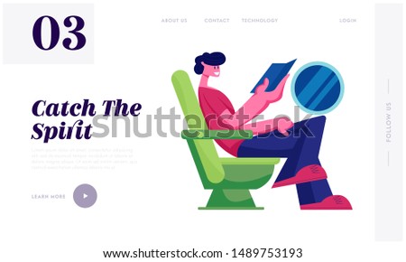 Passenger on Plane Board Website Landing Page. Tourist Traveling by Airplane Sitting in Comfortable Seat Reading Book. Airline Transportation Service Web Page Banner. Cartoon Flat Vector Illustration