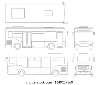 Passenger Outline City Bus For Branding Identity And Advertising Design On Transport. Blank City Bus Side View, Front, Rear And From Above. Blank City Bus Template Isolated On White Background.