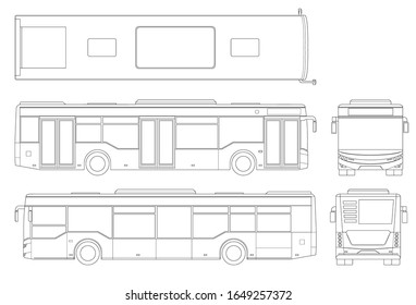 Passenger Outline City Bus For Branding Identity And Advertising Design On Transport. Blank City Bus Side View, Front, Rear And From Above. Blank City Bus Template Isolated On White Background.